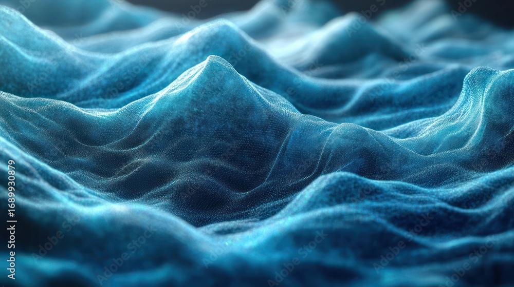 Obraz premium Abstract 3d visualization of blue digital waves and peaks with glowing particles creating a futuristic mountainous landscape effect