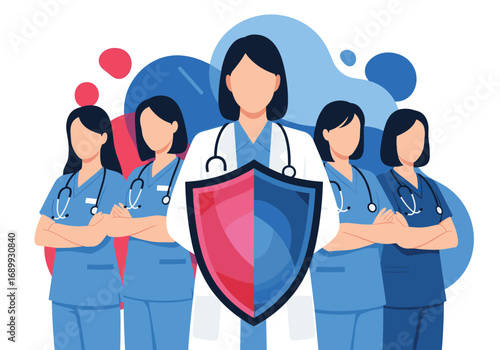 Dedicated medical team standing strong with a protective shield, symbolizing healthcare heroes and safety