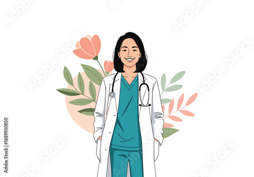 Confident smiling female doctor in modern scrubs and lab coat with stethoscope, surrounded by floral elements