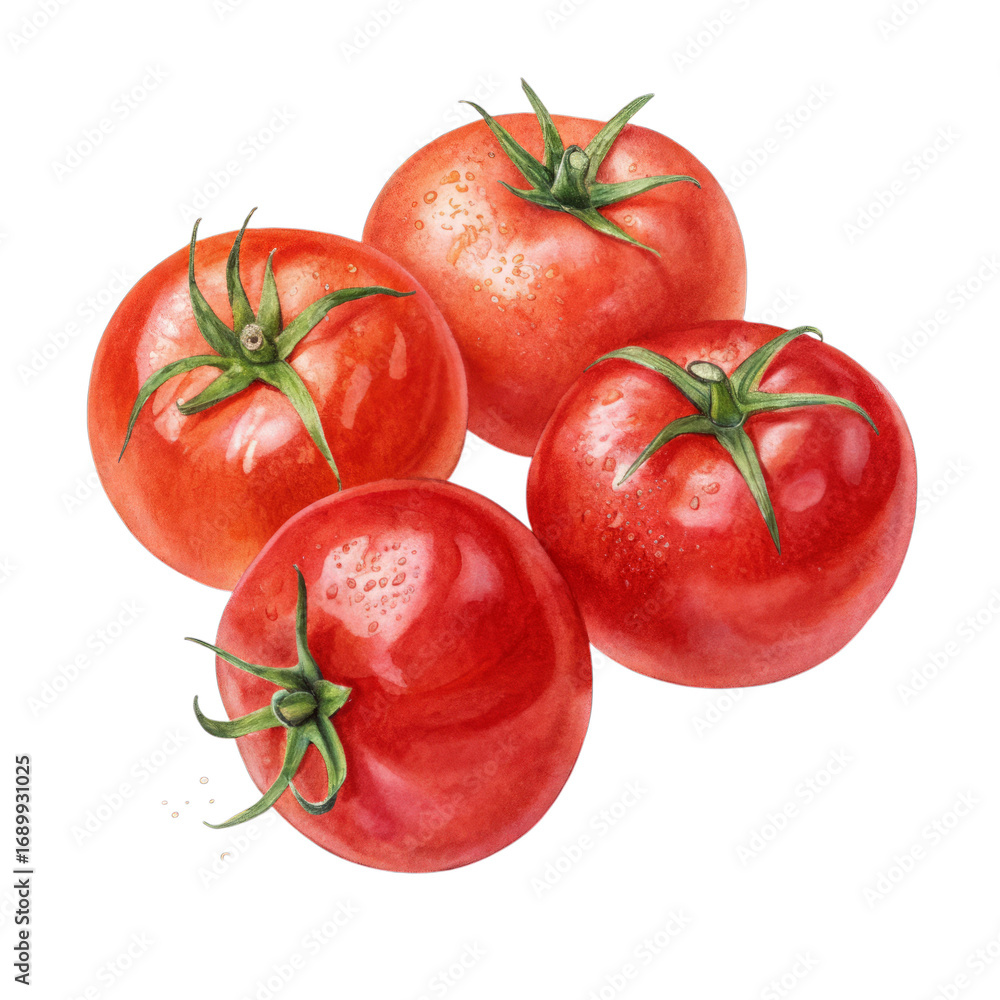 Fototapeta premium Watercolor Four Ripe Red Tomatoes with Water Droplets