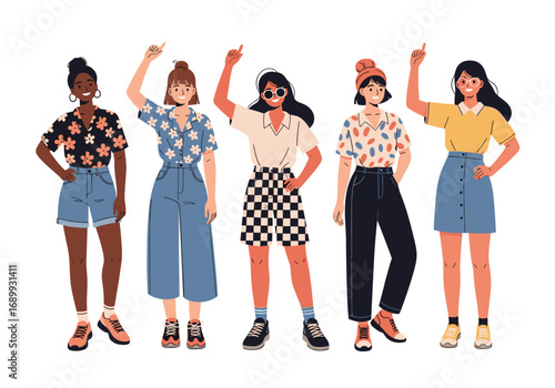 Diverse group of stylish women celebrating together with joyful gestures and confident poses