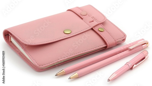 Pink leather notebook and pens on white
