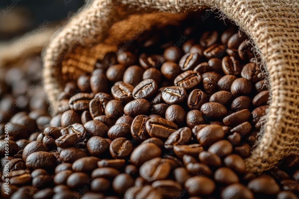 Fototapeta premium Close-up of roasted coffee beans spilling out of a burlap sack, showcasing rich texture and warm tones evoking a cozy and inviting atmosphere