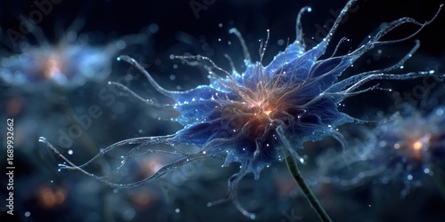 Hyper-realistic cinematic close-up of blue cells including cancerous structures on dark blue background. Scientific and medical concept showing cellular activity, disease mechanism