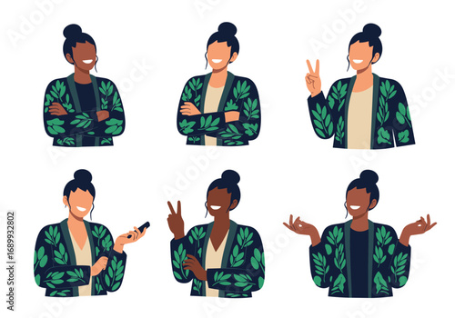 Diverse women showcase positive gestures and confidence in stylish floral jackets, perfect for modern branding.