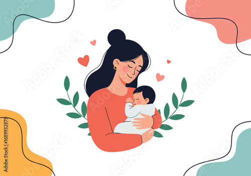 Loving mother cradles sleeping baby in tender embrace, celebrating pure maternal bond and family warmth