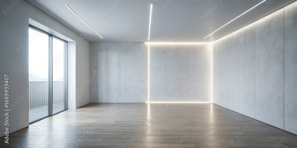 Fototapeta premium Modern minimalist empty room interior design with recessed lighting and large window showcasing sleek hardwood floor
