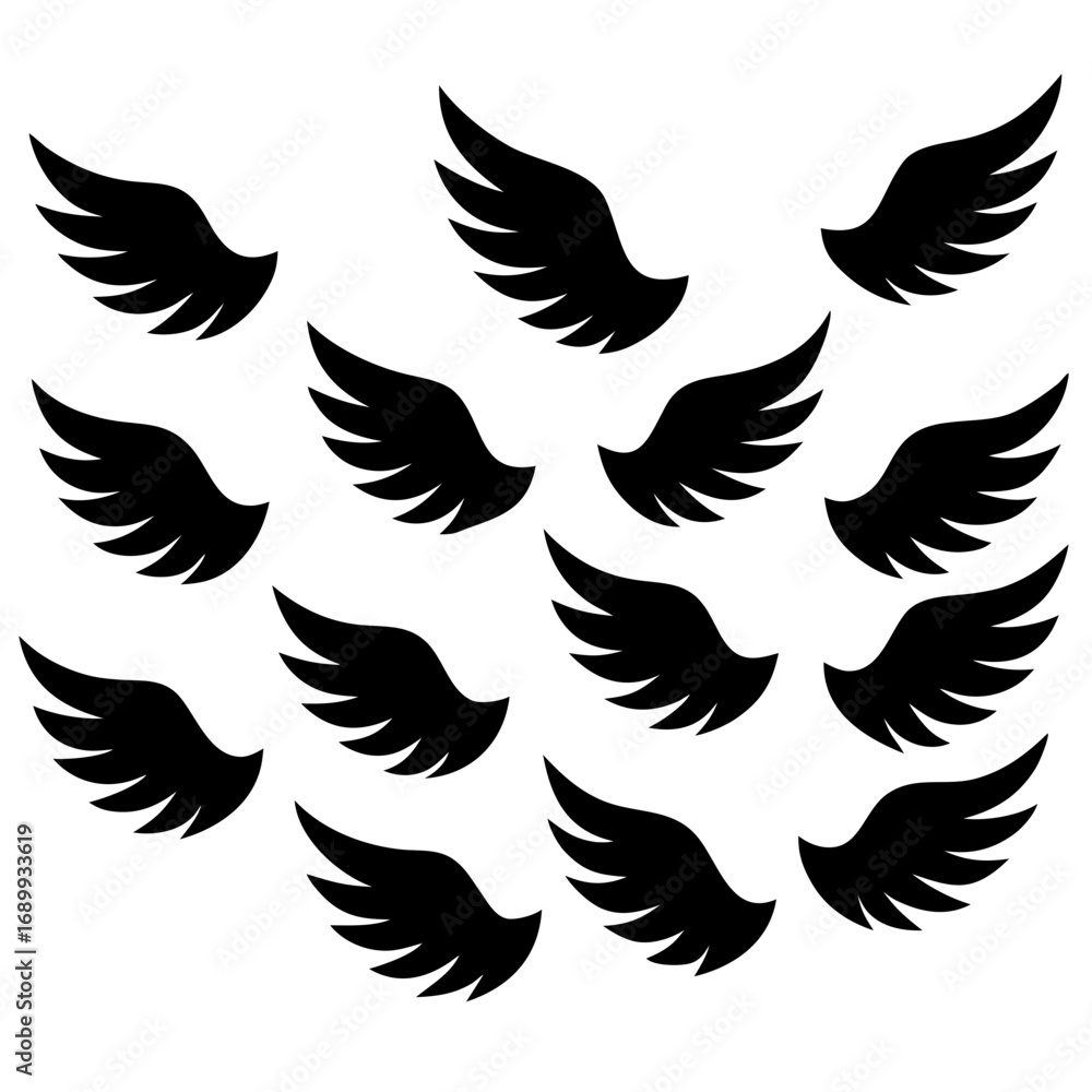 Fototapeta premium Collection of black stylized wing silhouettes on white background