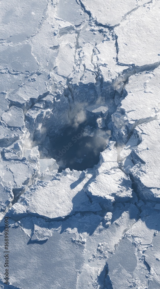 Fototapeta premium An aerial view shows a hole in a vast expanse of fractured, white-blue ice, revealing a dark water pool. Cracks radiate, creating an icy, broken landscape