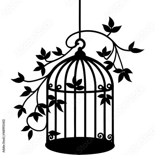 Ornate birdcage adorned with delicate foliage and vines