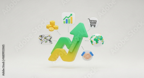 Growth and success in global business market with financial increase and international partnership strategy