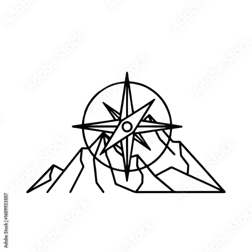 Geometric compass rose with mountain range, symbolizing travel, adventure, and exploration.