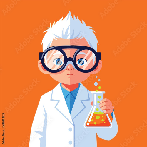 Young boy scientist holding a beaker with orange liquid in laboratory, conducting experiment with serious expression, showcasing scientific curiosity.