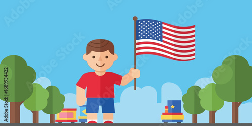 Smiling boy proudly waving American flag in park with toy cars on patriotic holiday, celebrating freedom and national pride.