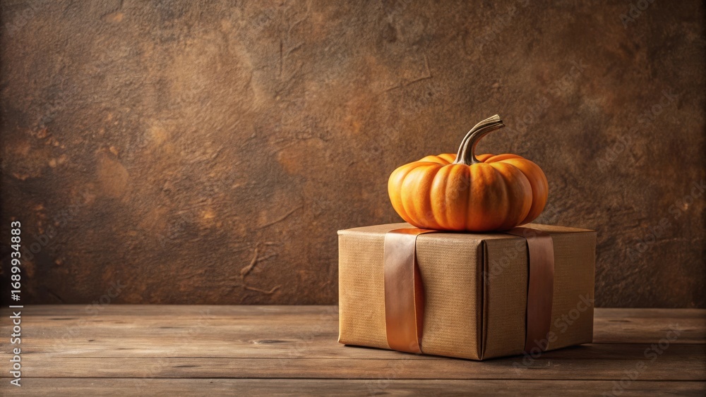 custom made wallpaper toronto digitalAutumnal Gift Presentation A Small Pumpkin Rests Atop a Brown Gift Box with a Bronze Ribbon on a Rustic Wooden Surface Against a Deep Brown Background