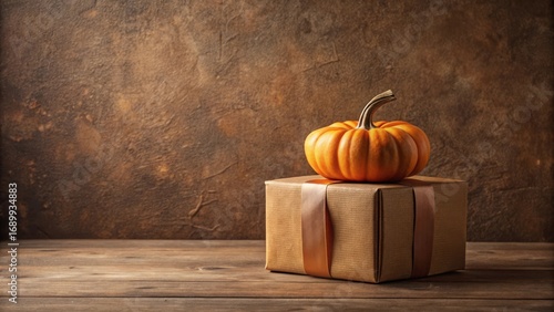 Autumnal Gift Presentation A Small Pumpkin Rests Atop a Brown Gift Box with a Bronze Ribbon on a Rustic Wooden Surface Against a Deep Brown Background