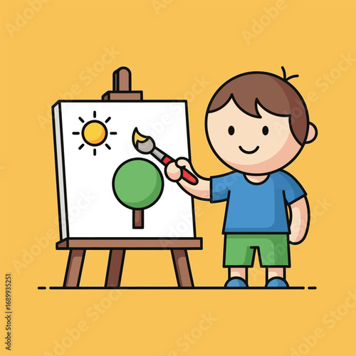 Boy paints a sun and tree on canvas in art class with a brush, creating a cheerful and colorful scene, showcasing creativity and imagination.