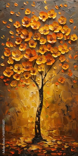 Abstract painting of a stylized tree with vibrant orange-yellow flowers