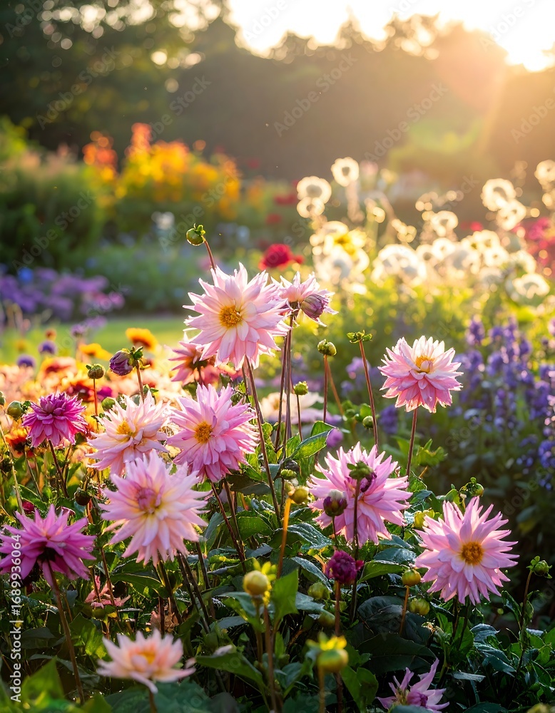 Fototapeta premium Vibrant garden blooms in sunlight