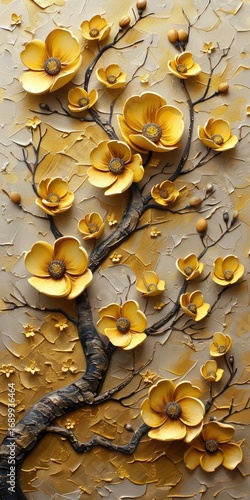 A textured artwork of a blossoming tree, with large, sculpted,  yellow flowers against a light beige background