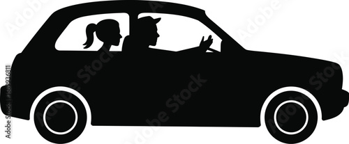 Black silhouette of car with two people driving white