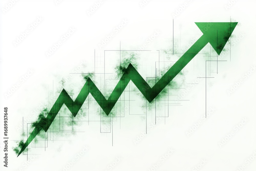 Obraz premium abstract green arrow graph showing upward trend with jagged peaks and geometric grid lines on white background