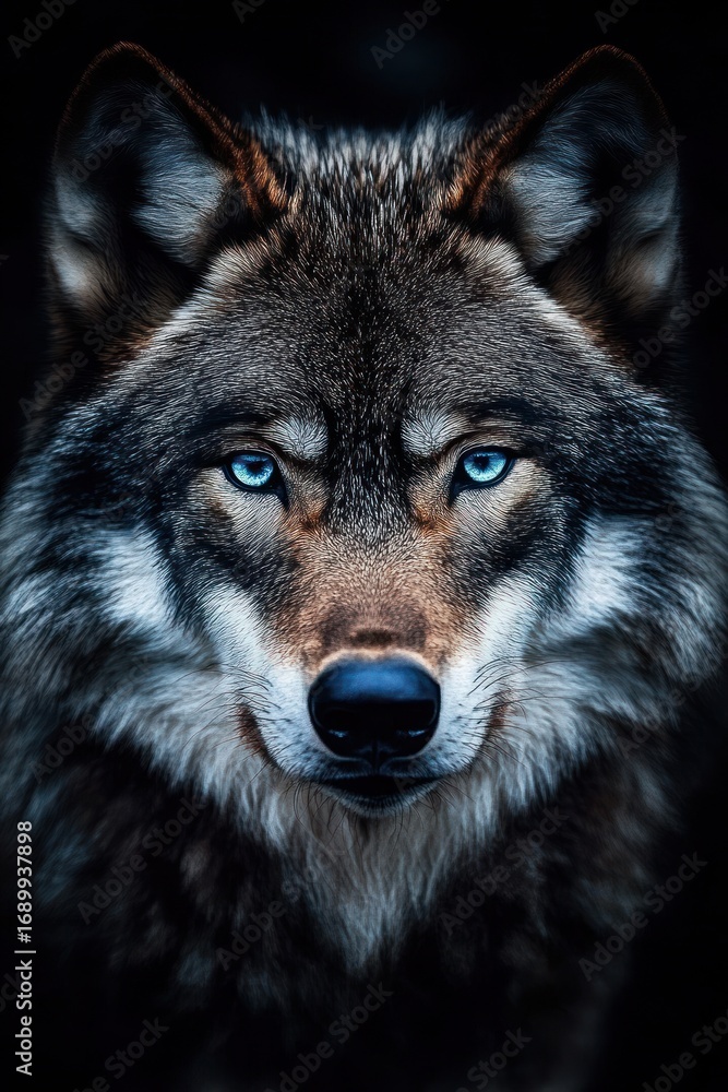 Fototapeta premium Close-up of a fierce wolf with piercing blue eyes and detailed fur in a dark background conveying intensity and wild nature