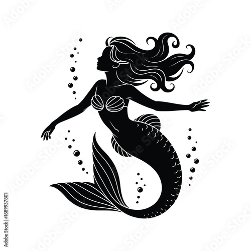 Enchanting Mermaid Silhouette Illustration Swimming Underwater with Bubbles and Flowing Hair