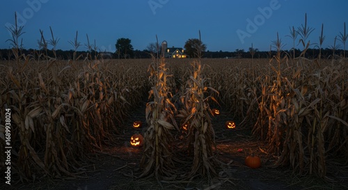 Orange Jack-o'-lanterns Glowing in Cornfield at Dusk