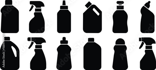 Cleaning product bottle icon set flat styles, Monochrome detergent, spray, liquid container, household cleaner, disinfectant, soap, chemical packaging illustration isolated on transparent background.