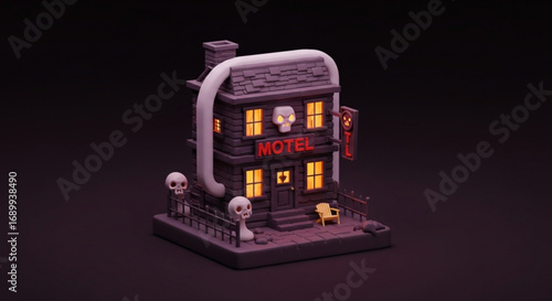 Haunted motel halloween spooky scary skull creepy dark horror building architecture design illustration