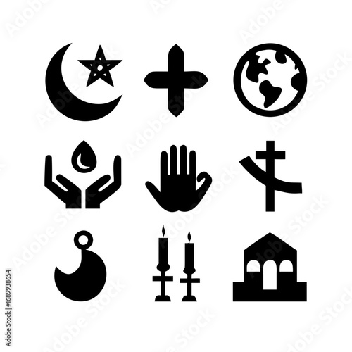 A 15-icon pictogram set symbolizing world religions and spirituality in black and white. Includes cross, crescent moon with star, Om symbol, Torah scroll, prayer beads, candle, lotus, meditation figur