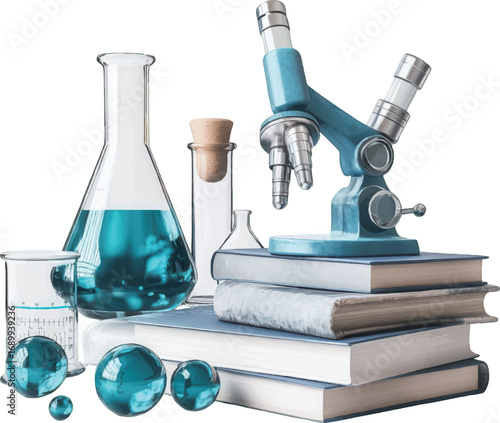 Science Laboratory Equipment with Microscope and Flasks