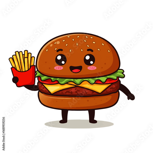 Cute Cartoon Burger Character Holding French Fries.