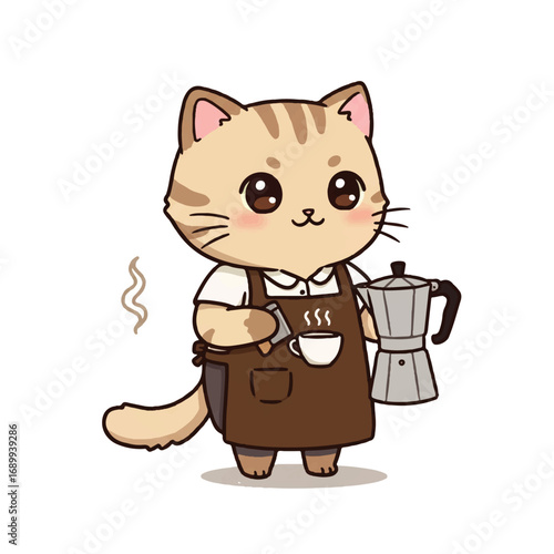 Cute Cartoon Cat Barista Serving Coffee.