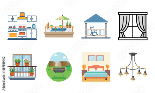Home Interior and Furniture Icons Set – Living Room, Bedroom, Kitchen, Bathroom, Balcony, Garden, Fireplace, Chandelier, Sofa, Mailbox, Dining Table, Home Decor, Garage, Playground, Outdoor Patio, Win