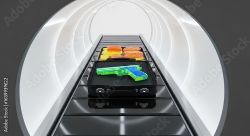 Illuminated scanning tunnel showing luggage, lunch and a toy gun, symbolizing airport security
