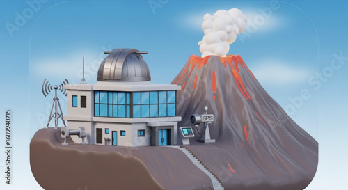Volcano observatory research station with gps antenna and seismograph for monitoring volcanic activity
