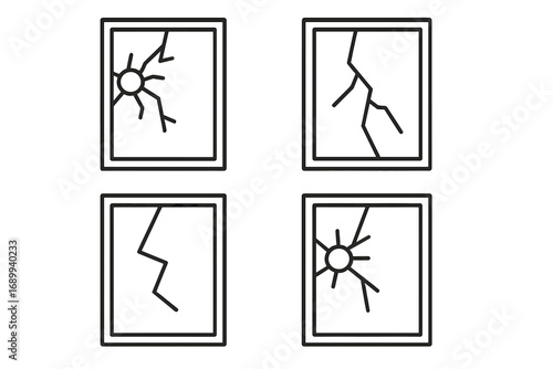 Broken window line icon pack. Cracked glass, shattered pane outline signs. Vandalism, destruction, damage and accident concept. Vector illustration for web, apps, interface.