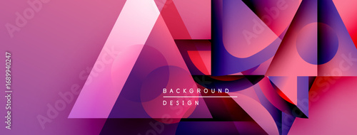 Abstract geometric shapes overlap, creating vibrant pinks, purples, blues. Modern design elements suggest dynamic composition.