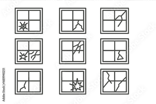 Broken window line icon set. Cracked glass outline symbols. Concept of damage, vandalism, accident, repair. Minimal vector pictogram for UI, UX, web and graphic design.