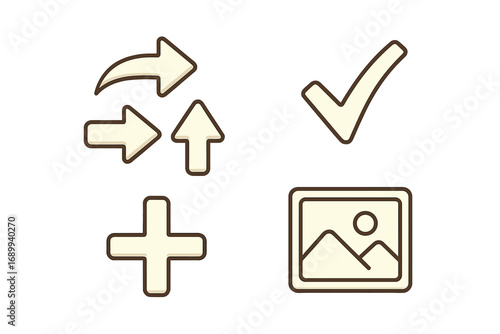 Vector icon set with arrows, checkmark, plus, and image symbols. Outline cartoon style elements for web UI, infographics, and navigation. Editable stroke for versatile design use.