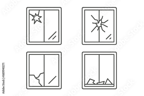Broken window thin line icon set. Smashed and cracked glass. Damage, vandalism and accident concept. Outline pictograms for web design, apps. Vector symbols collection.