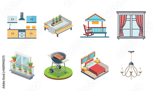 Home Interior and Furniture Icons Set – Living Room, Bedroom, Kitchen, Bathroom, Balcony, Garden, Fireplace, Chandelier, Sofa, Mailbox, Dining Table, Home Decor, Garage, Playground, Outdoor Patio, Win