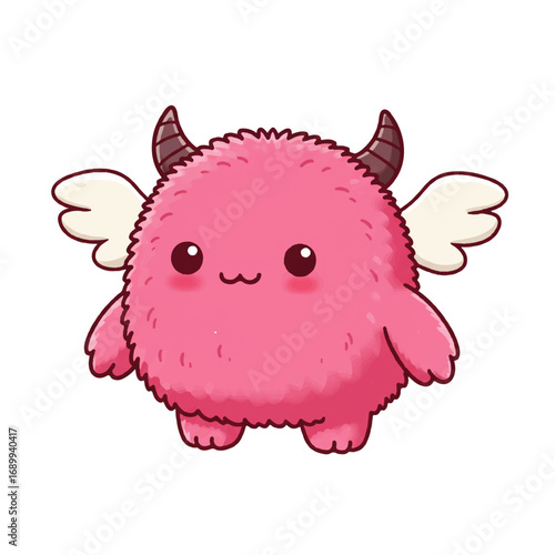 Cute Pink Fluffy Monster with Wings Illustration.