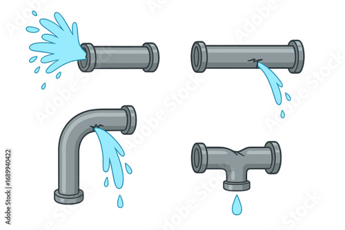 Broken pipes vector set. Water leak, burst pipe, and dripping pipeline. Cartoon illustration for plumbing emergency, maintenance, and repair concepts. House damage icon.