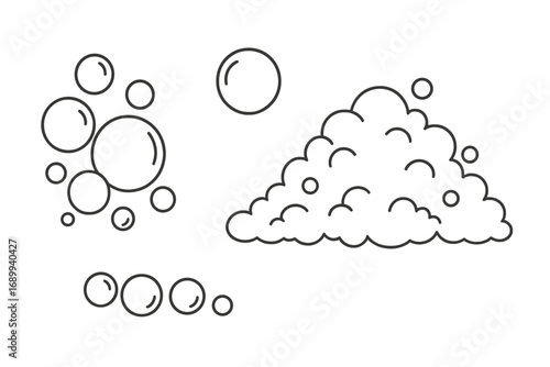 Bubble and foam linear symbol set. Soap suds, lather, and effervescent fizz. Water, cleaning, and washing concept. Simple outline vector icon collection for graphic design.