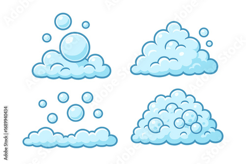 Bubble and foam icon set. Soap suds and lather. Water washing concept. Vector cartoon illustration. Cleaning graphic element. Blue bubble bath design. Isolated on background.