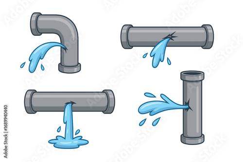 Broken pipe water leak vector set. Cartoon illustration of burst pipes, plumbing problems, and water damage. Leaking pipeline for emergency repair concepts and plumbing service.