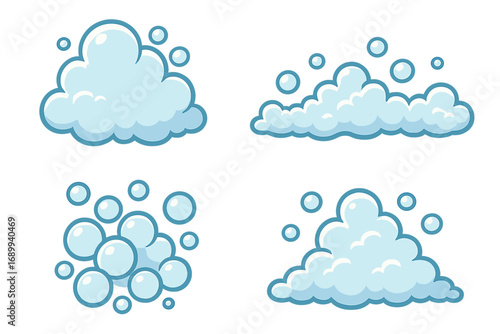 Cartoon soap foam and bubble vector icon set. Suds, lather and fizz for cleaning, washing or bath design. Cute bubbly water illustration collection on transparent background.